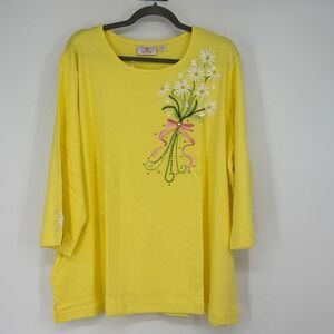 Quaker Factory Yellow Daisy Beaded Embroidered 3X Long Sleeve Top